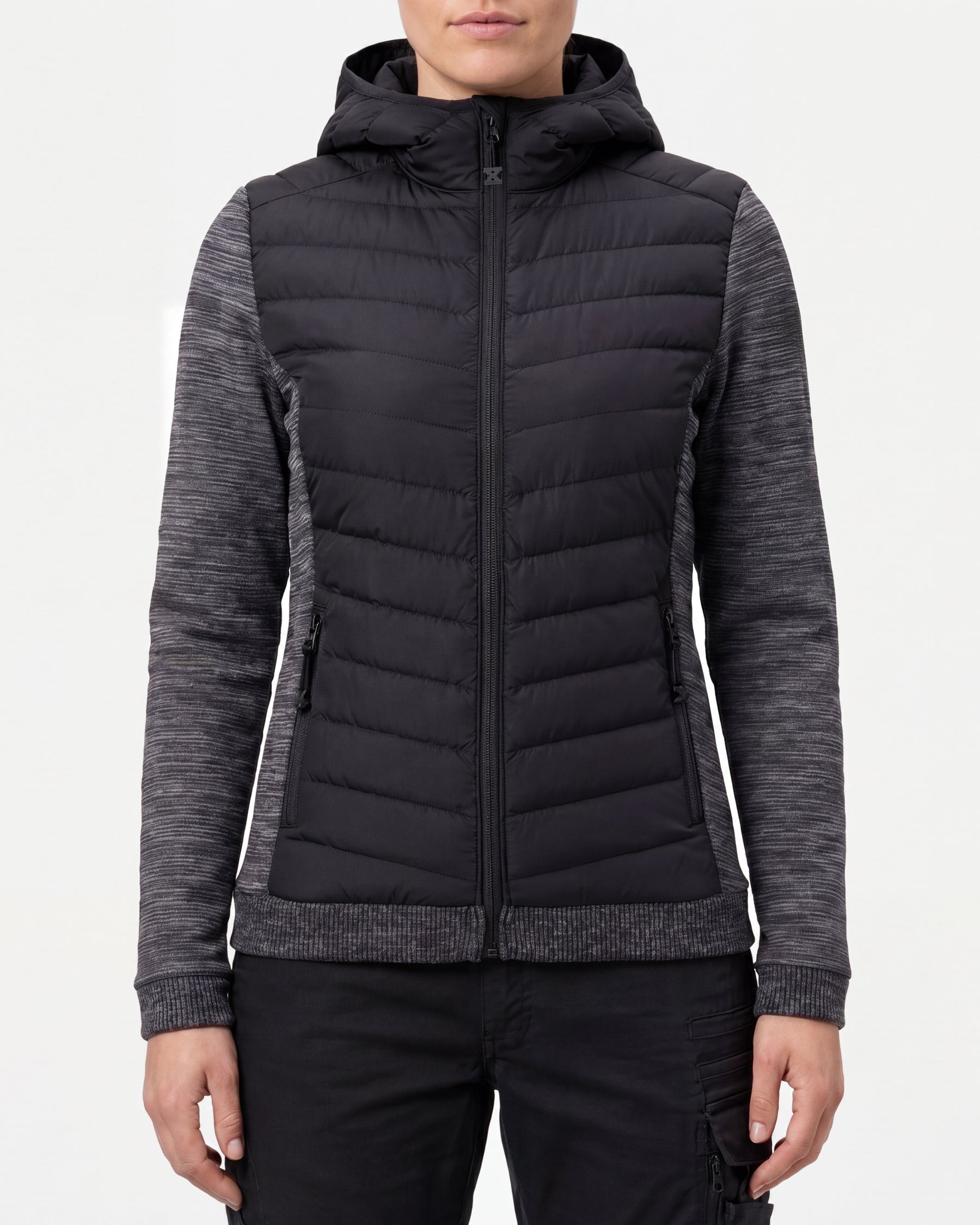 STRAUSS women's e.s.motion ten hybrid hooded jacket in oxid black melange worn, front view