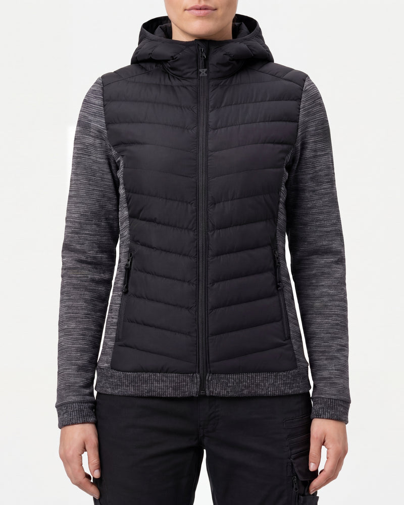 STRAUSS women's e.s.motion ten hybrid hooded jacket in oxid black melange worn, front view