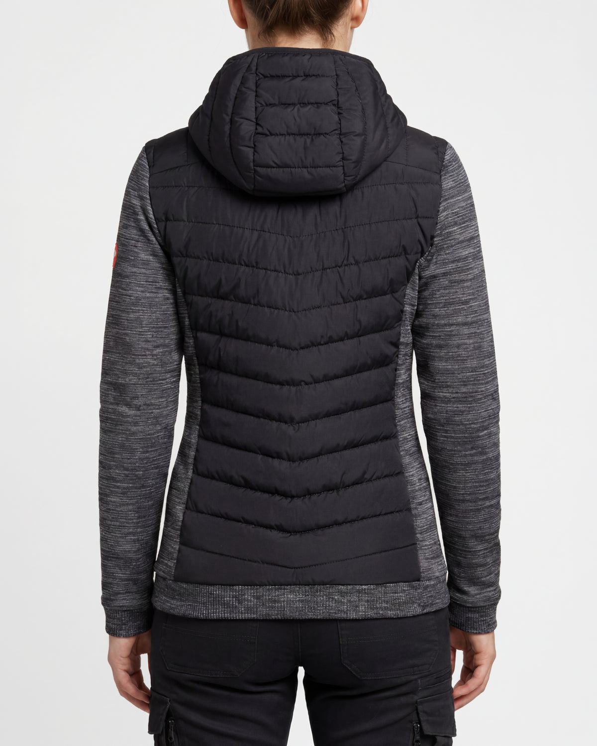 STRAUSS women's e.s.motion ten hybrid hooded jacket in oxid black melange worn, back view