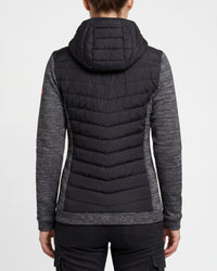 STRAUSS women's e.s.motion ten hybrid hooded jacket in oxid black melange worn, back view