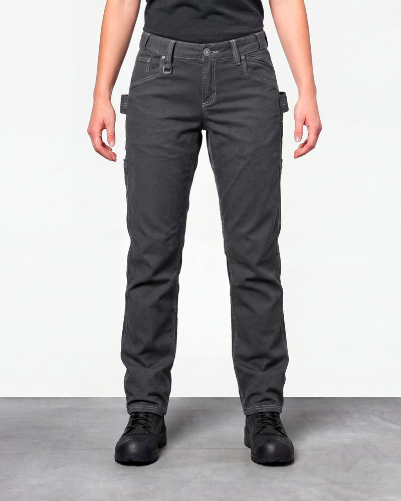 Women's Multipocket Work Pants e.s.vintage in pewter worn by a model, front view