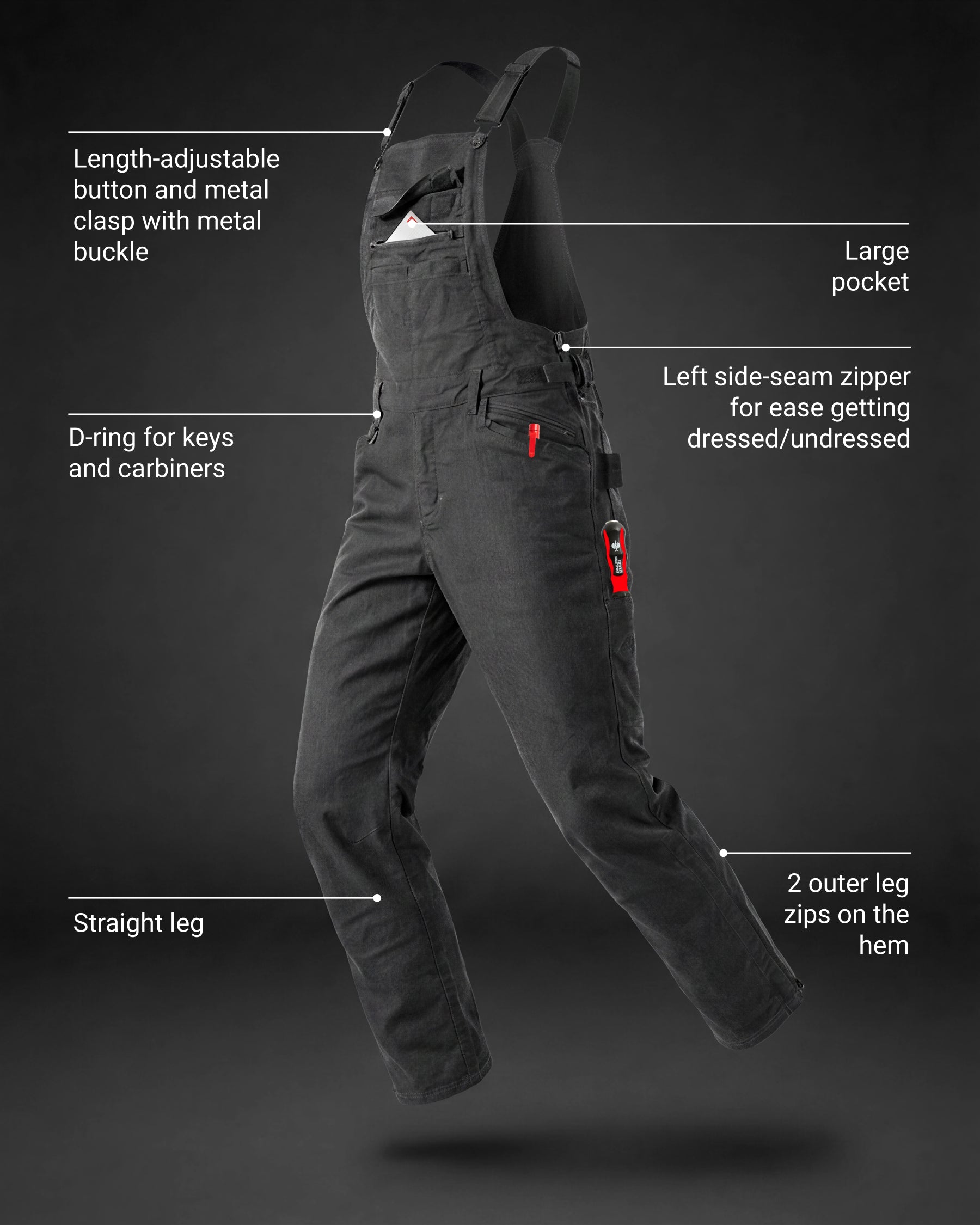 Feature view of black STRAUSS Multipocket Work Bib Overall e.s.vintage with multipocket storage details