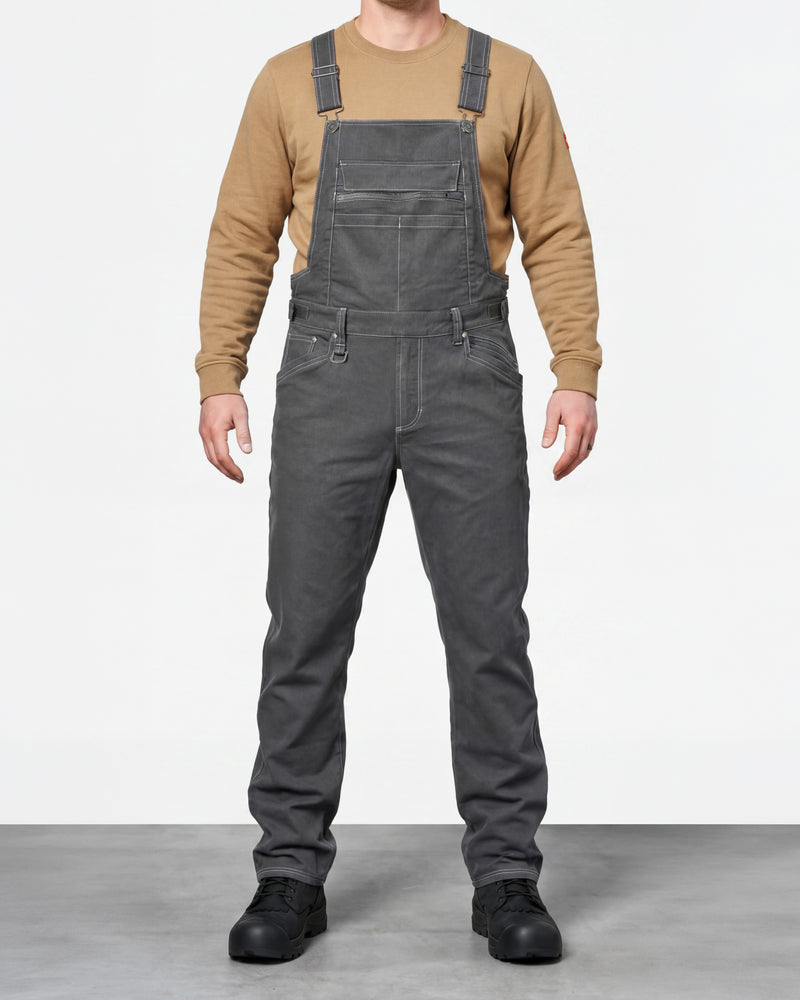 pewter STRAUSS Multipocket Work Bib Overall e.s.vintage worn by a model, front view