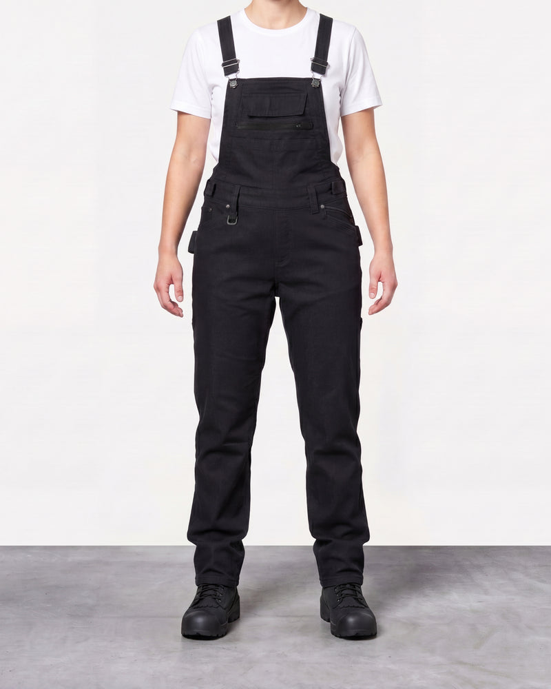 black STRAUSS Women’s Multipocket Work Bib Overall e.s.vintage worn by a model, front view