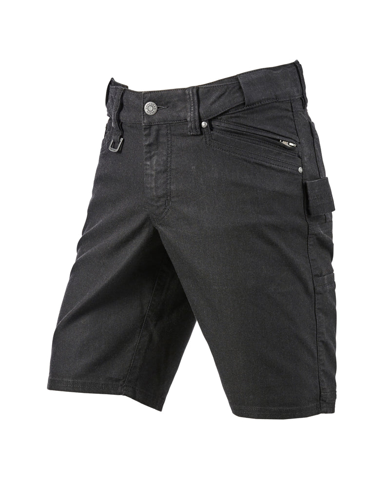 Engelbert Strauss e.s. vintage multipocket shorts in black, shown as a clean front product image highlighting the above-knee workwear cut, waistband, and functional pocket placement.