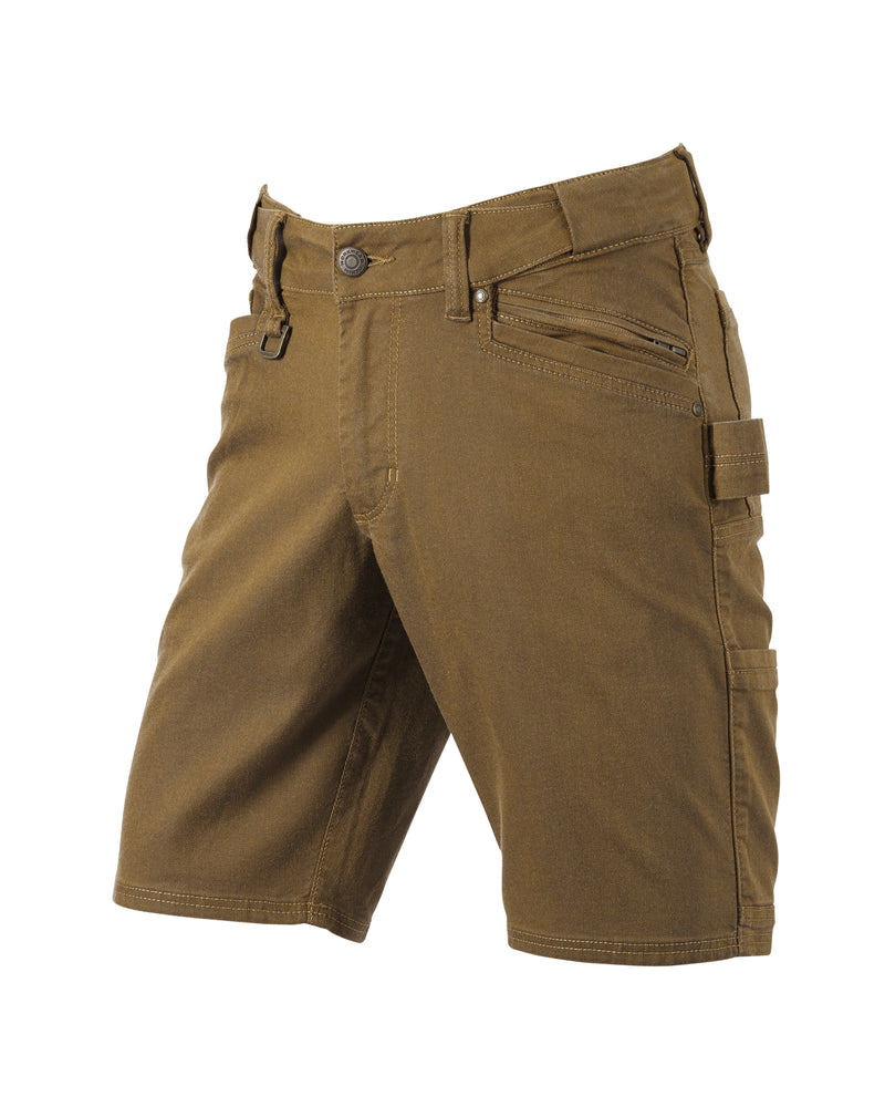 Engelbert Strauss e.s. vintage multipocket shorts in sepia, shown as a clean front product image highlighting the above-knee workwear cut, waistband, and functional pocket placement.
