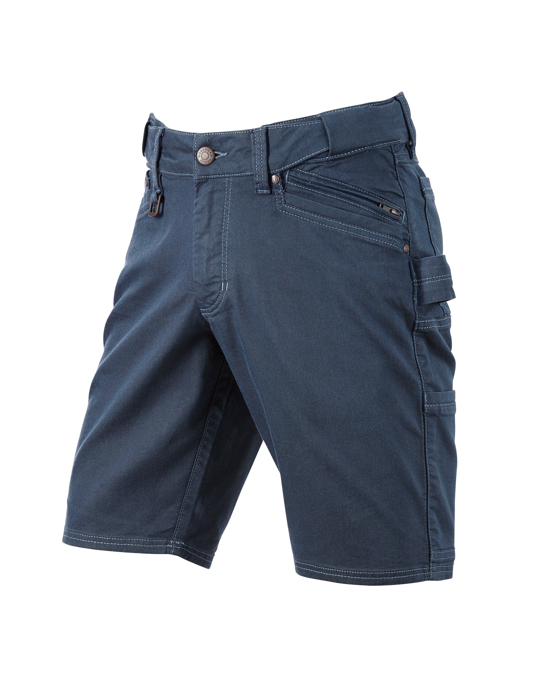 Engelbert Strauss e.s. vintage multipocket shorts in arctic blue, shown as a clean front product image highlighting the above-knee workwear cut, waistband, and functional pocket placement.