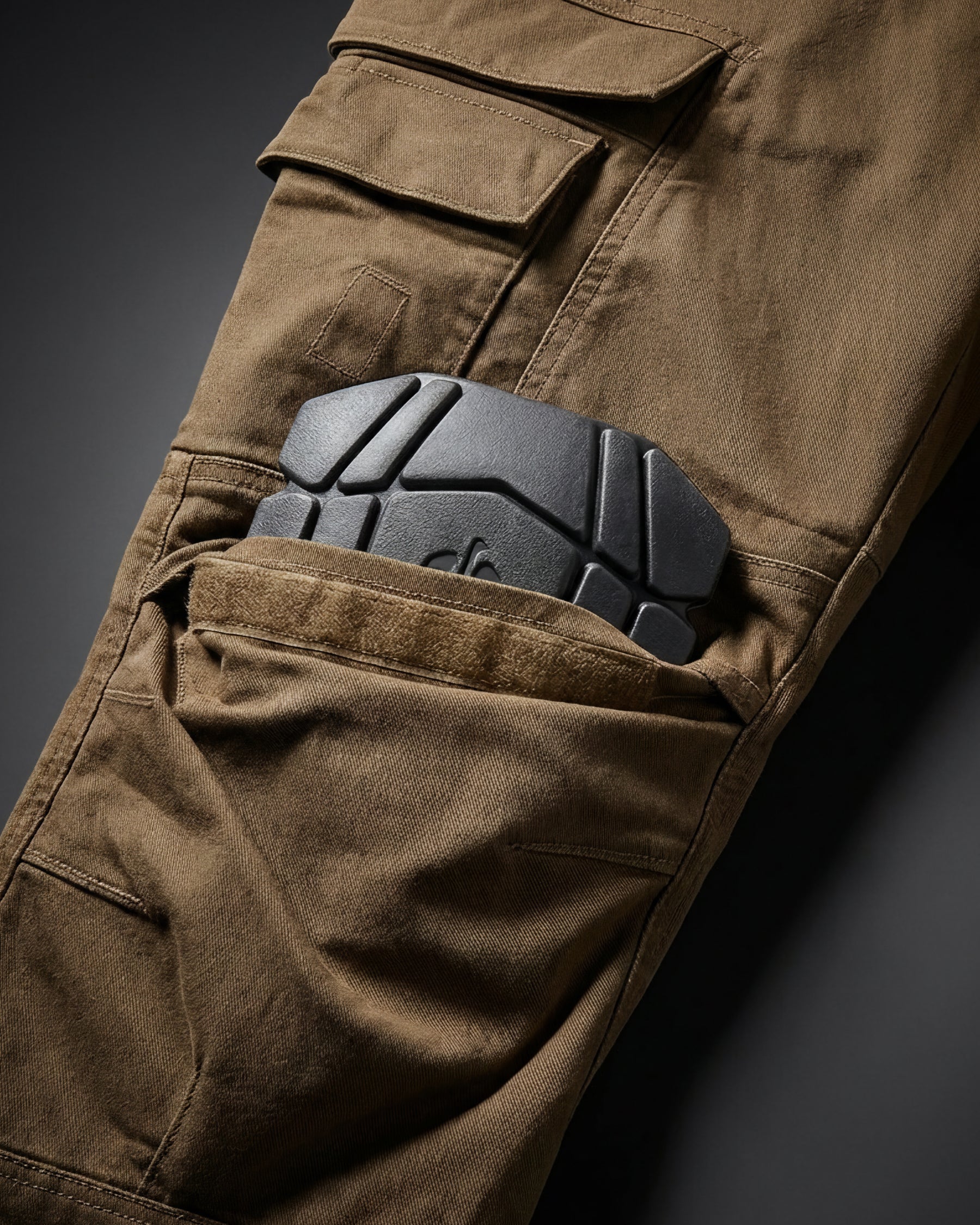 Close-up of knee pad pockets on Cargo Work Pants e.s.vintage in sepia
