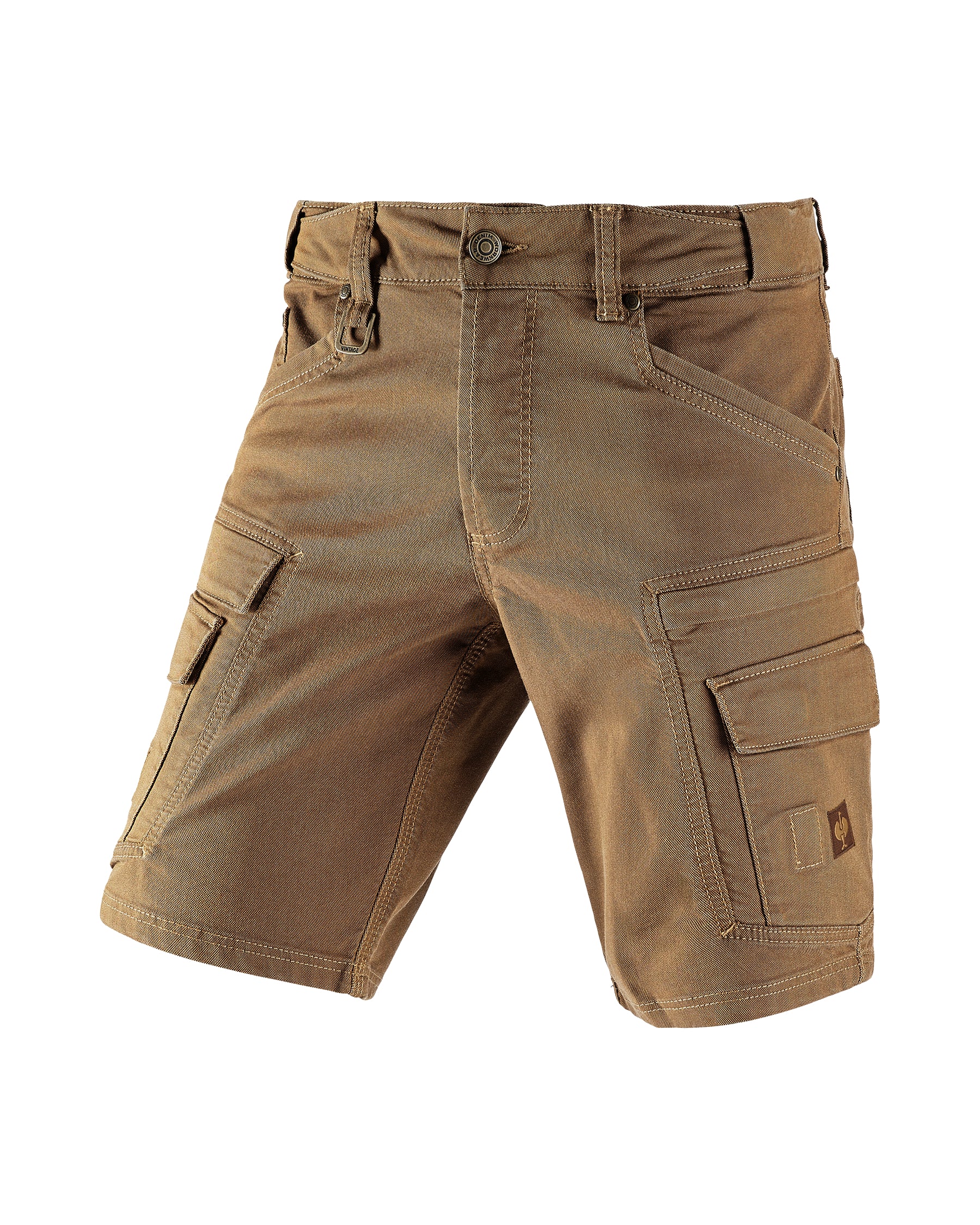 Engelbert Strauss e.s. vintage cargo shorts in sepia, shown as a clean front product image highlighting the above-knee workwear cut, waistband, and functional pocket placement.