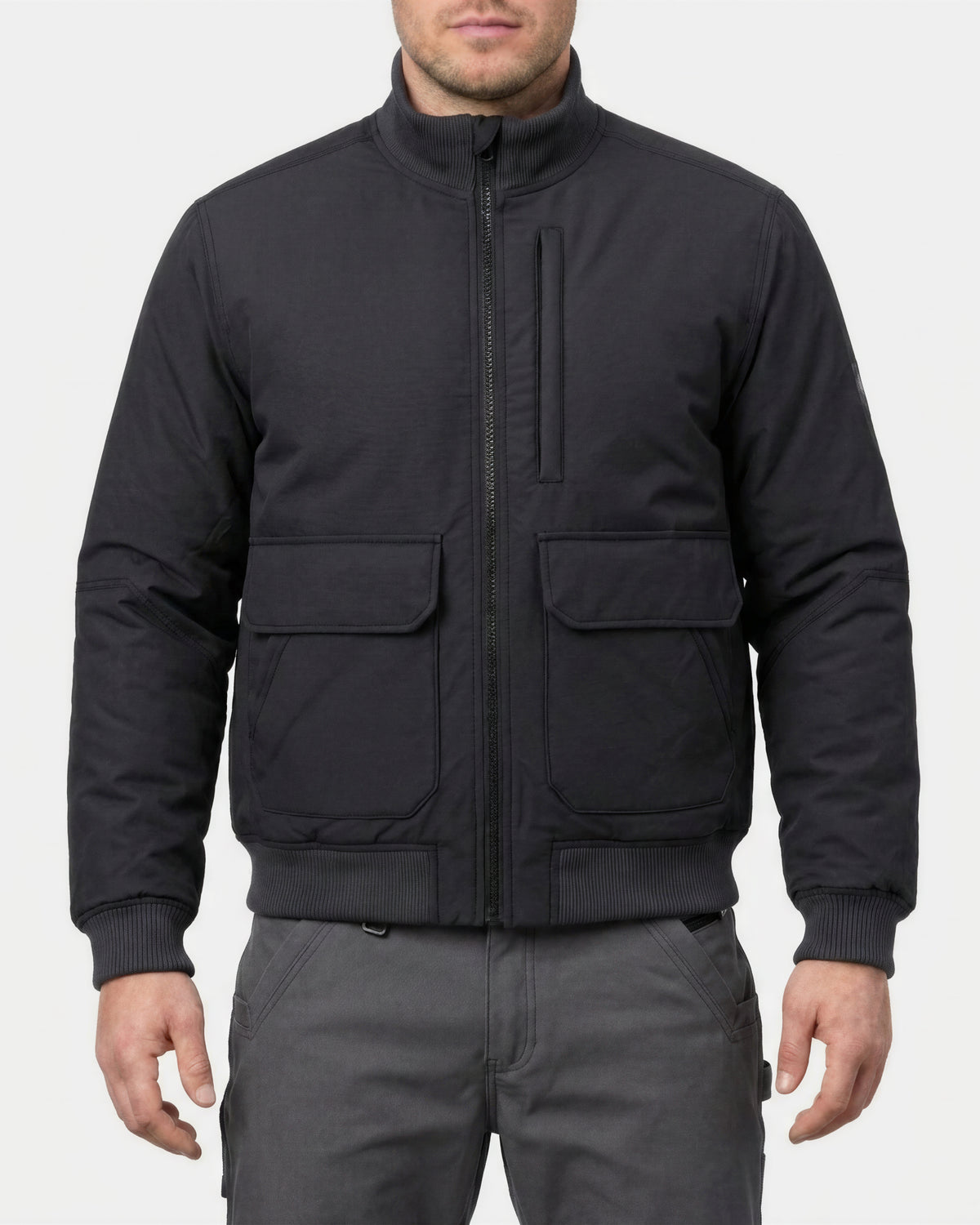 STRAUSS e.s.iconic bomber jacket in black worn, front view