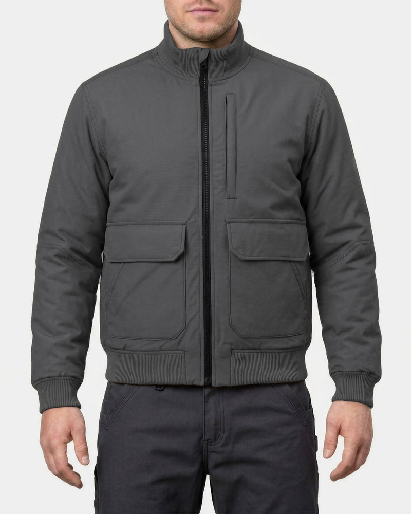 STRAUSS e.s.iconic bomber jacket in carbon gray worn, front view