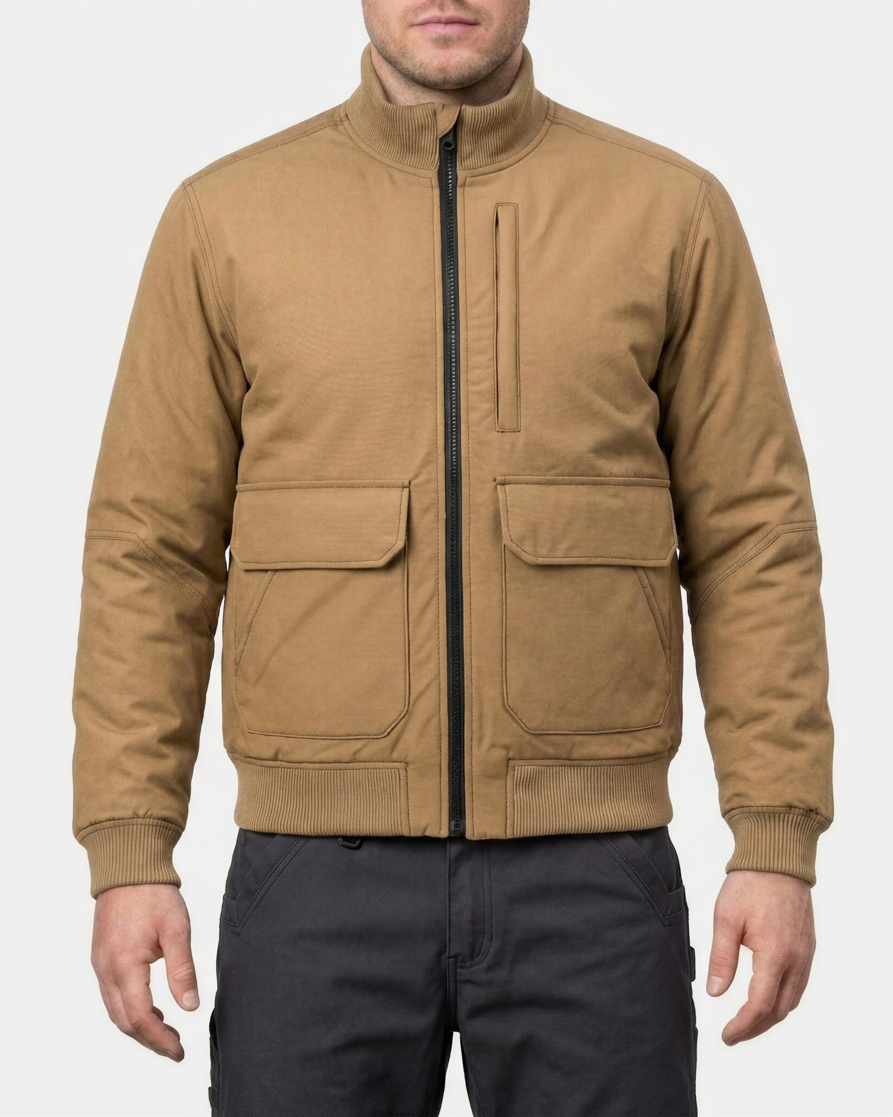 STRAUSS e.s.iconic bomber jacket in almond brown worn, front view