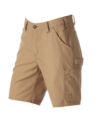 Engelbert Strauss e.s. iconic shorts in almond brown, shown as a clean front product image highlighting the above-knee workwear cut, waistband, and functional pocket placement.