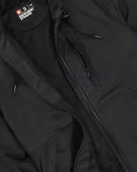 Close-up of lightweight shell and zipper details on STRAUSS e.s.iconic lightweight jacket in black