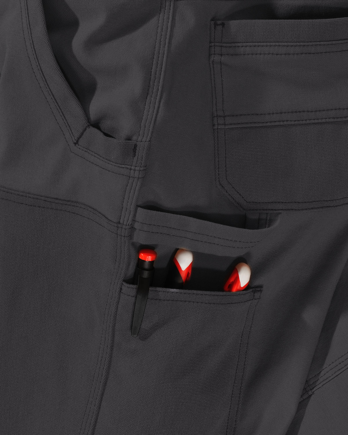 Close-up of double-front panel details on Double Front Work Pants e.s.iconic in black