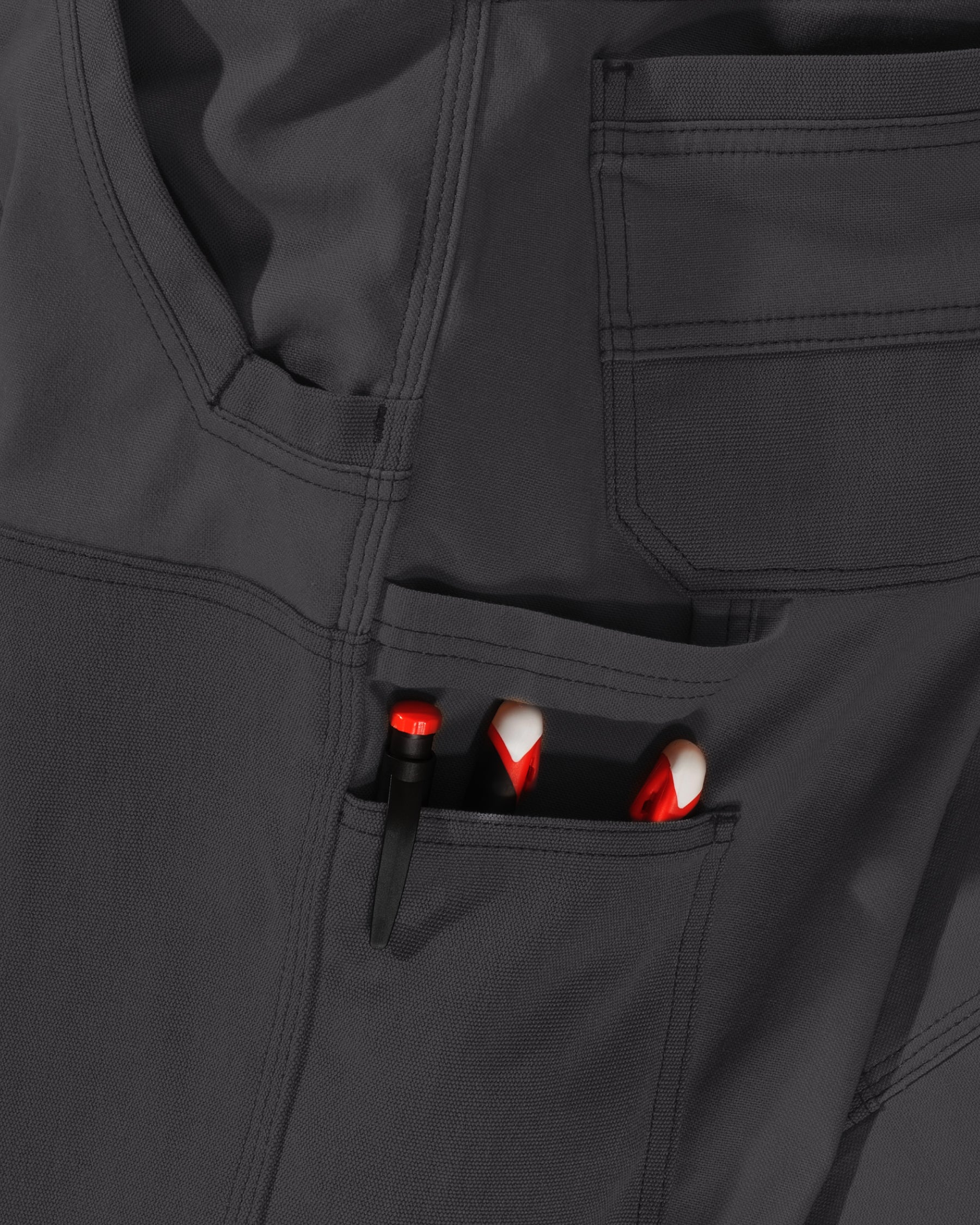 Close-up of double-front panel details on Double Front Work Pants e.s.iconic in black