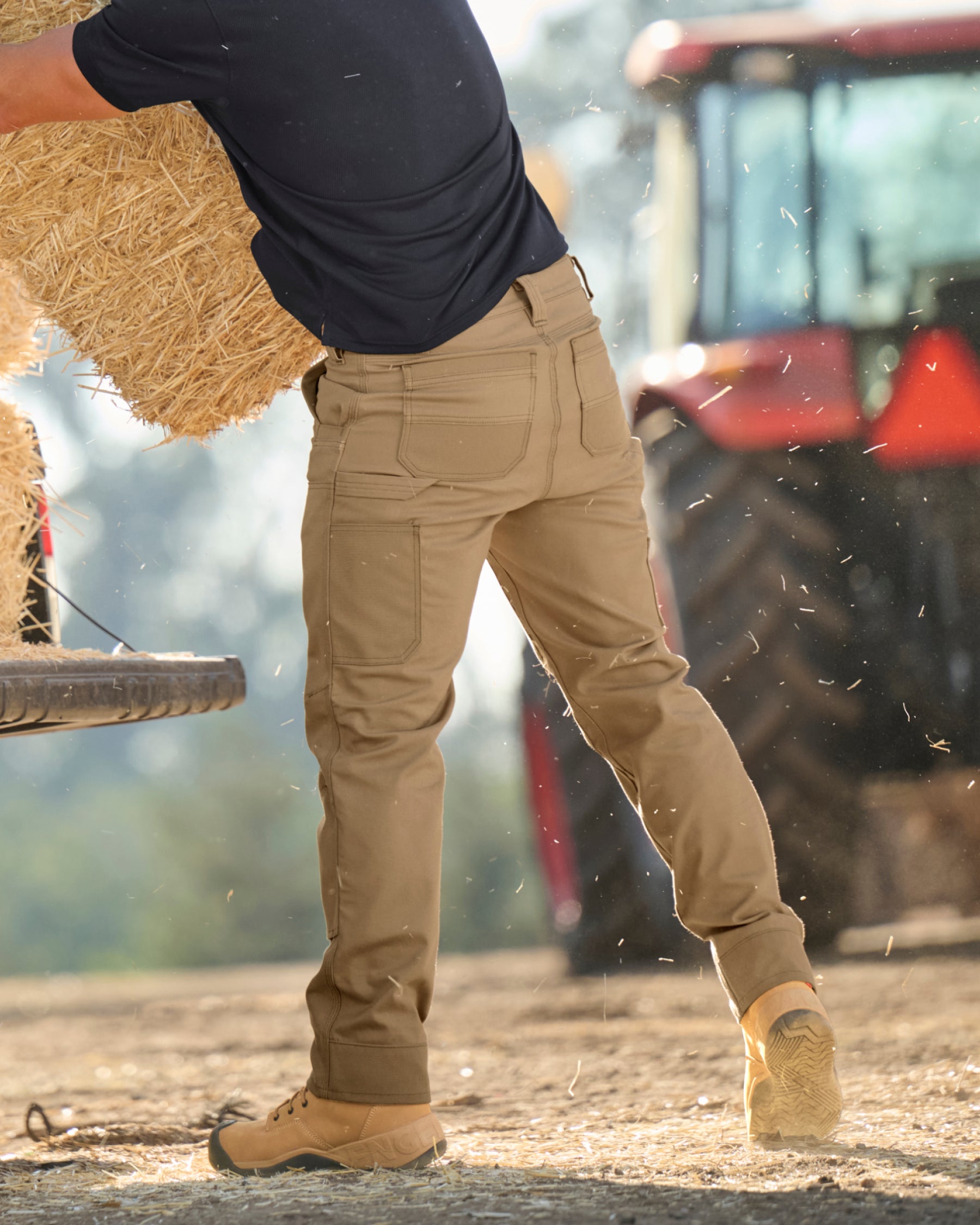 Double Front Work Pants e.s.iconic in almond brown shown in an outdoor workwear setting