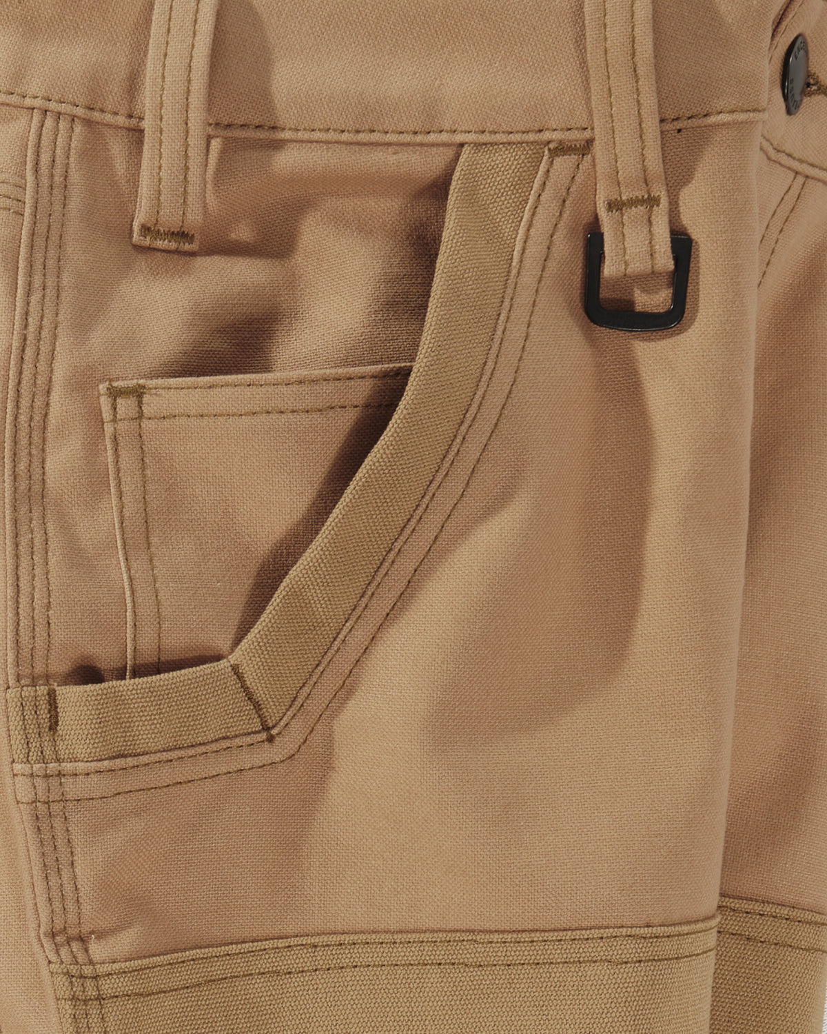 Close-up of reinforced fabric and seams on Double Front Work Pants e.s.iconic in almond brown