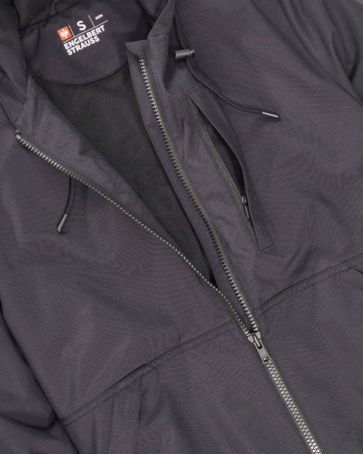 Close-up of lightweight shell and zipper details on STRAUSS e.s.iconic lightweight jacket in nero blue