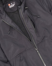 Close-up of lightweight shell and zipper details on STRAUSS e.s.iconic lightweight jacket in nero blue