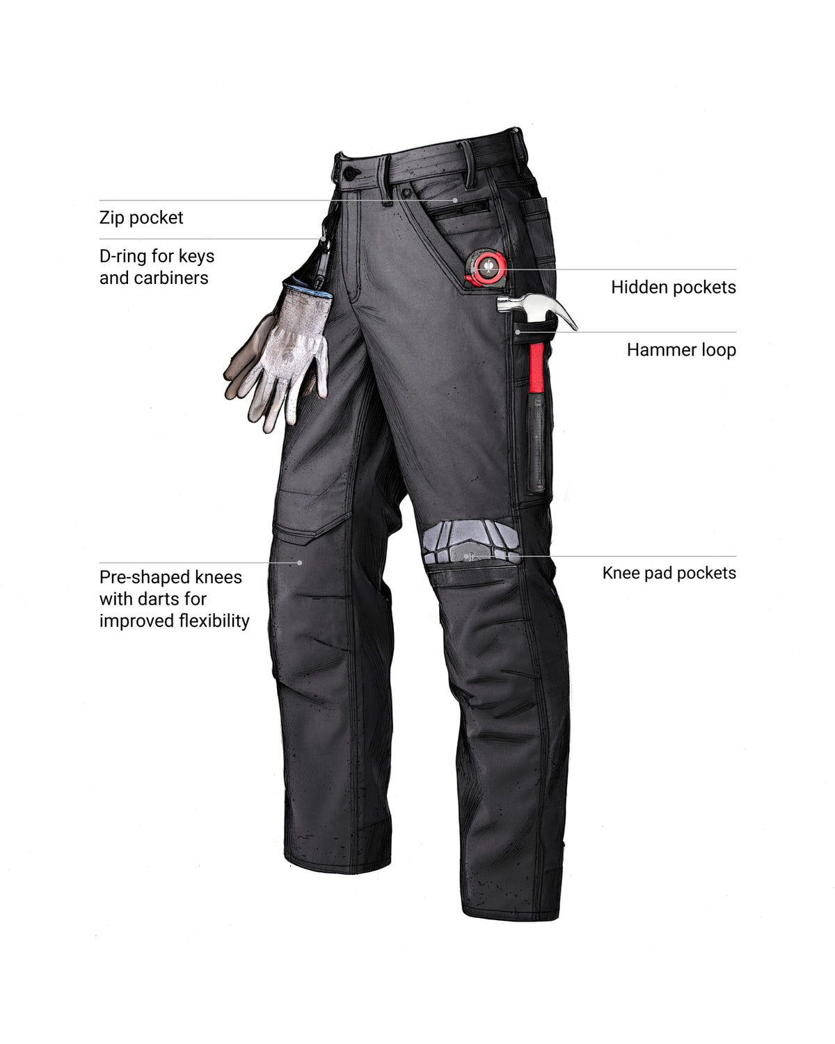 Feature view of Pocket Protected Work Pants e.s.iconic in black, showing multipocket storage details