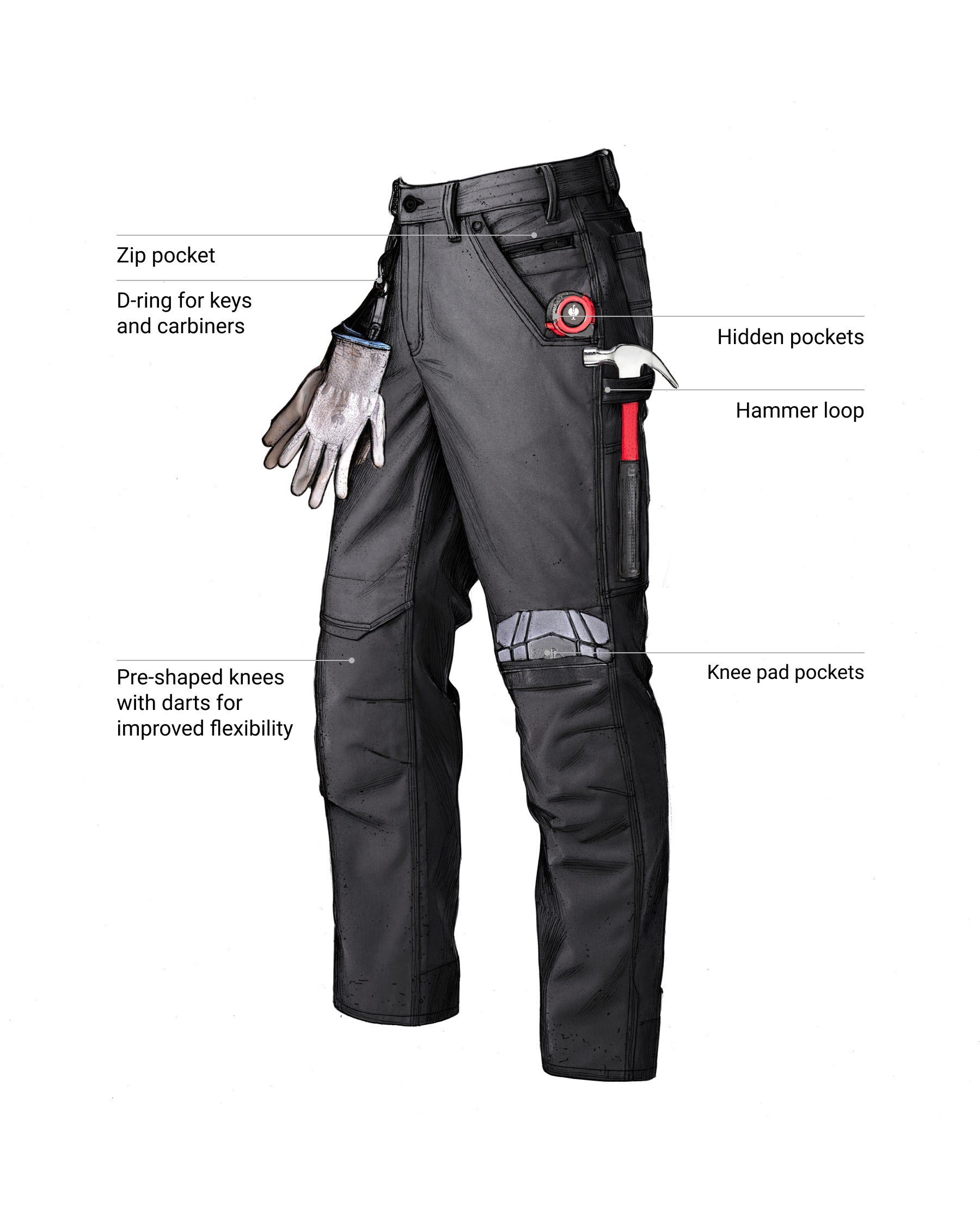 Feature view of Pocket Protected Work Pants e.s.iconic in black, showing multipocket storage details