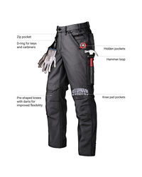 Feature view of Pocket Protected Work Pants e.s.iconic in black, showing multipocket storage details