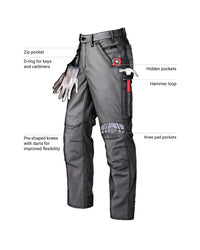 Feature view of Pocket Protected Work Pants e.s.iconic in carbon gray, showing multipocket storage details