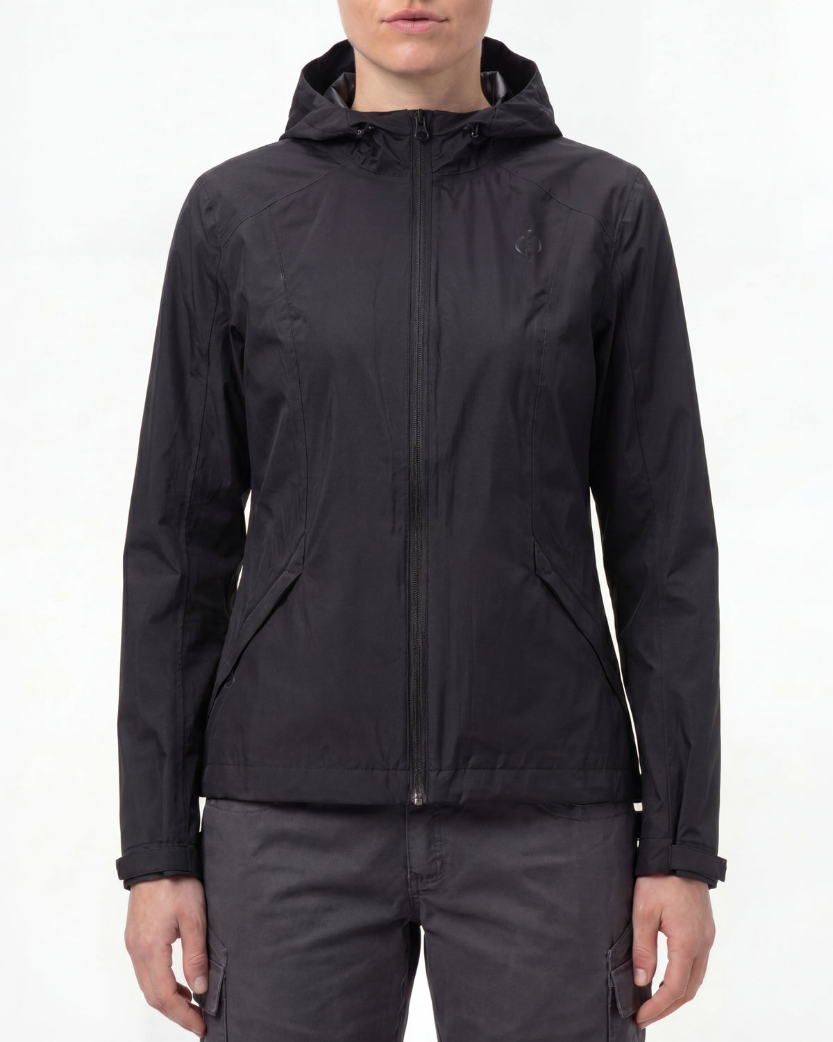 STRAUSS women's e.s.trail light pack windbreaker in black worn, front view