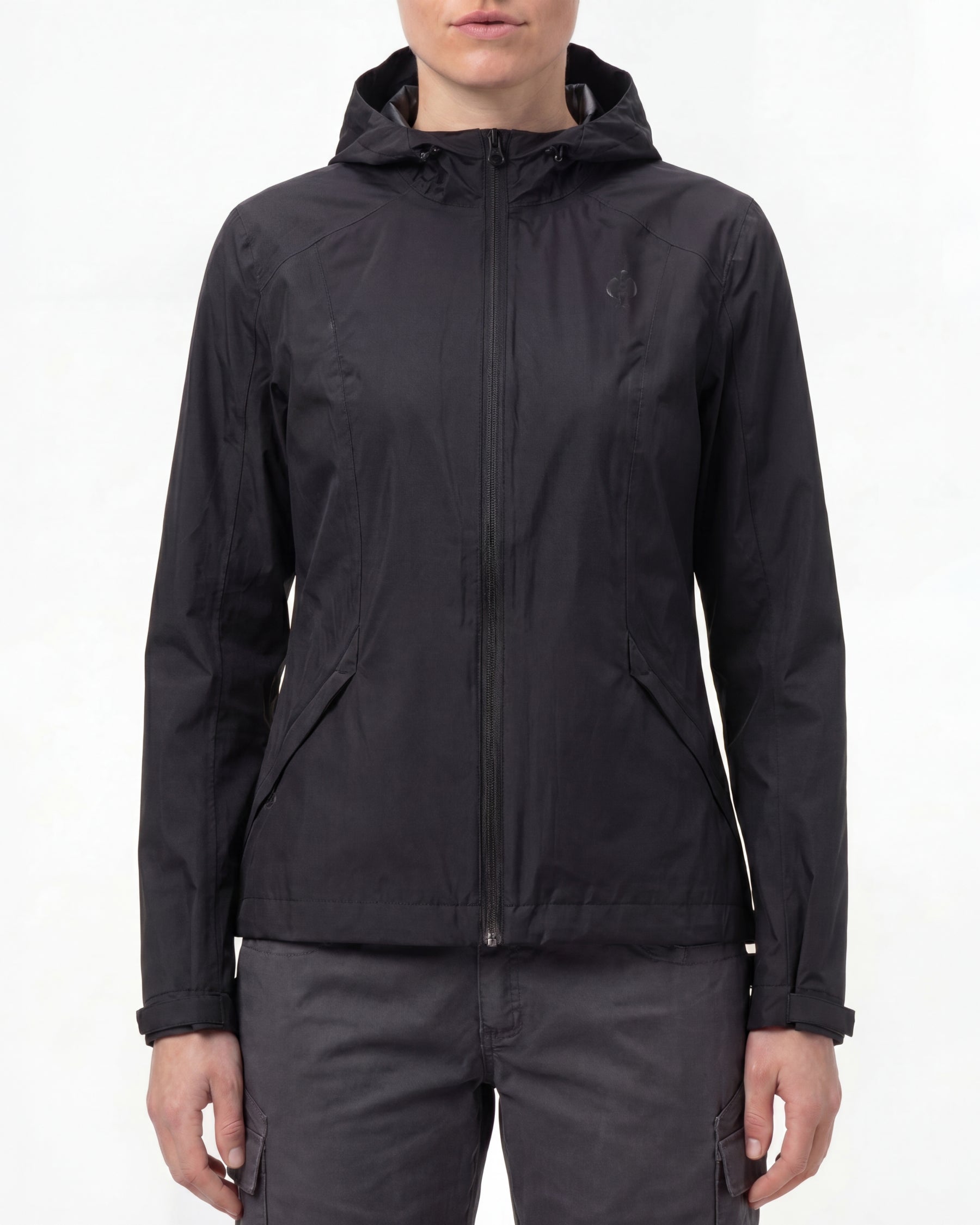STRAUSS women's e.s.trail light pack windbreaker in black worn, front view