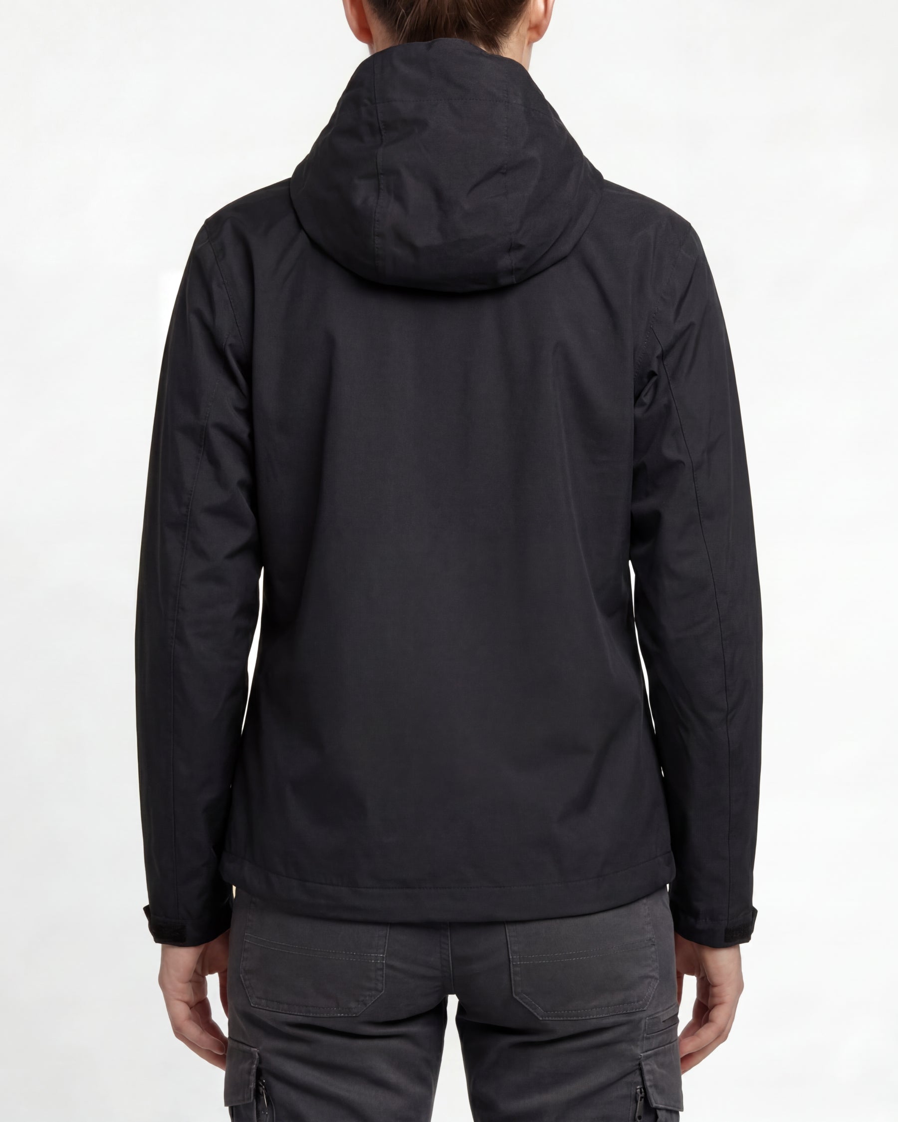 STRAUSS women's e.s.trail light pack windbreaker in black worn, back view