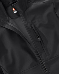Close-up of softshell fabric and zipper details on STRAUSS e.s.trail pure softshell jacket in black