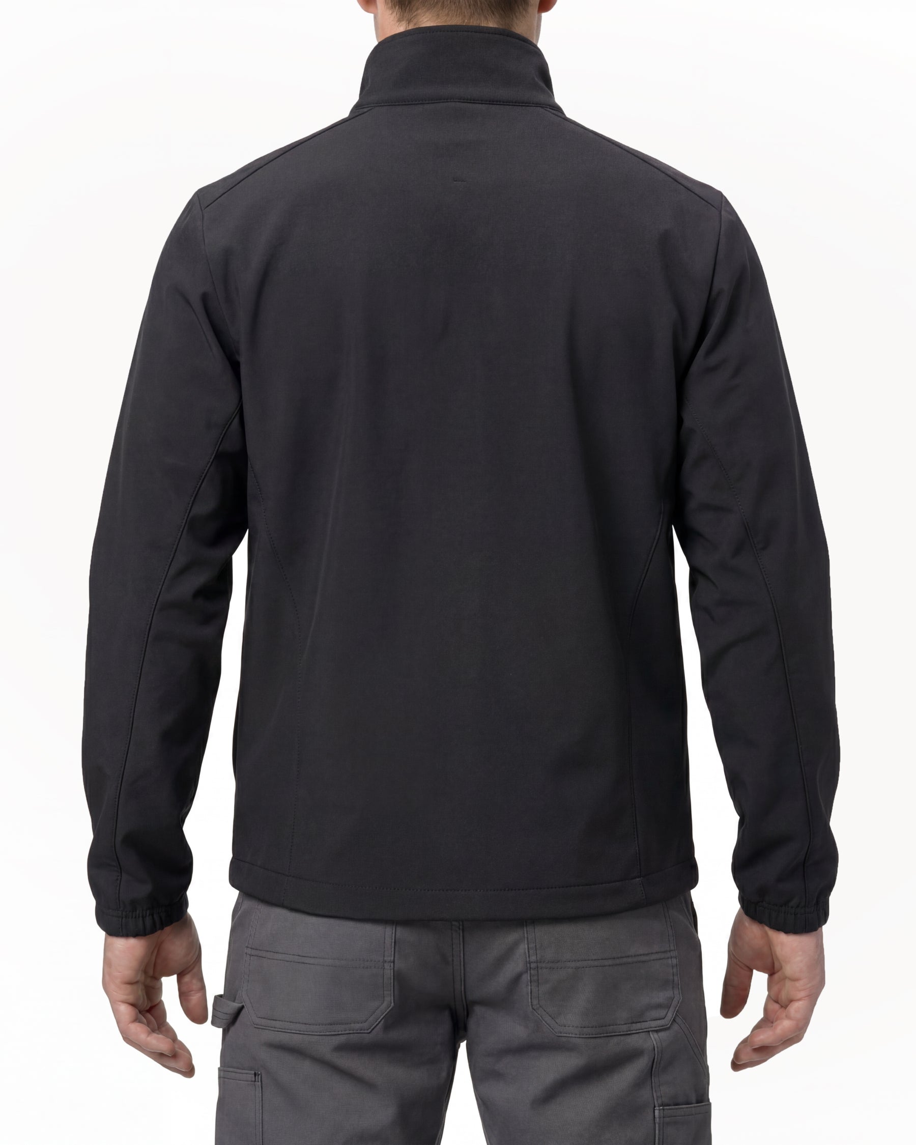 STRAUSS e.s.trail pure softshell jacket in black and carbon gray worn, back view