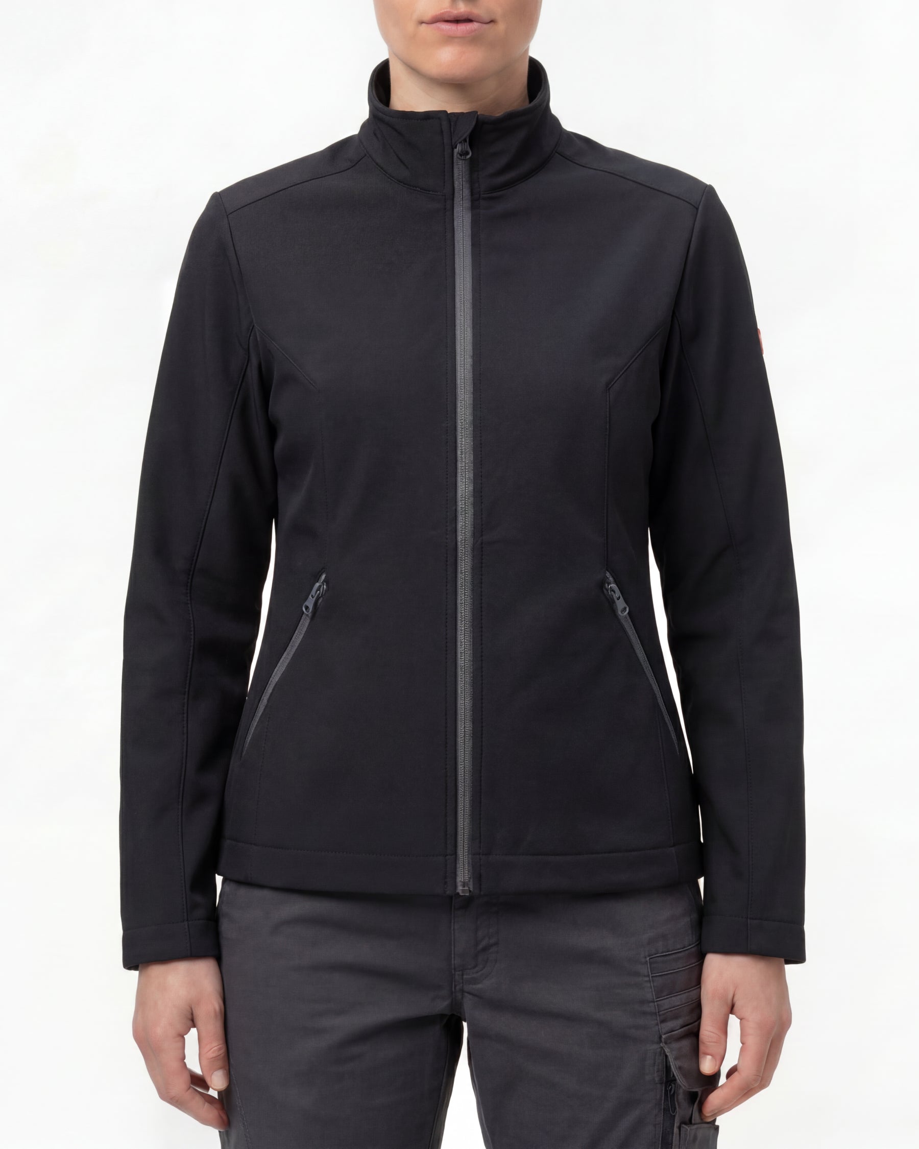 STRAUSS women's e.s.trail pure softshell jacket in black worn, front view