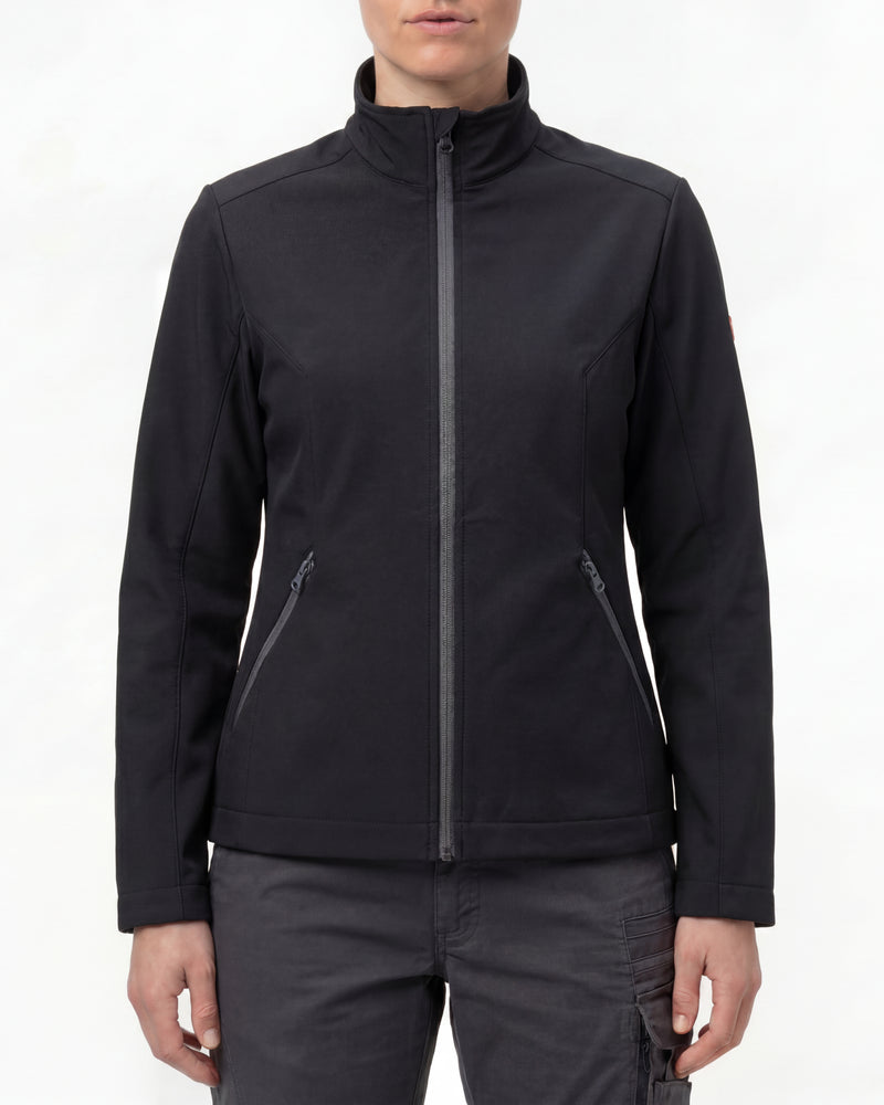 STRAUSS women's e.s.trail pure softshell jacket in black worn, front view