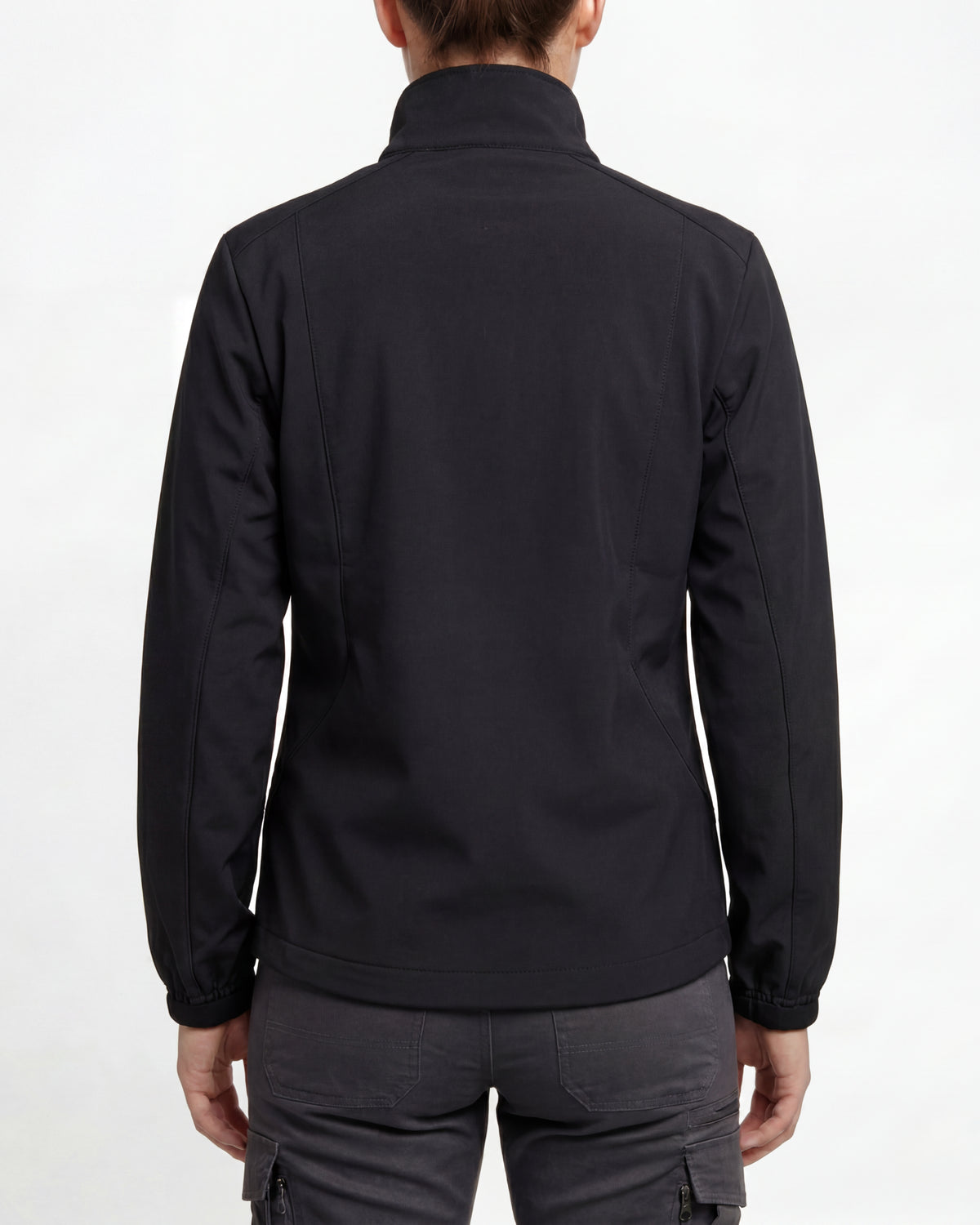 STRAUSS women's e.s.trail pure softshell jacket in black worn, back view