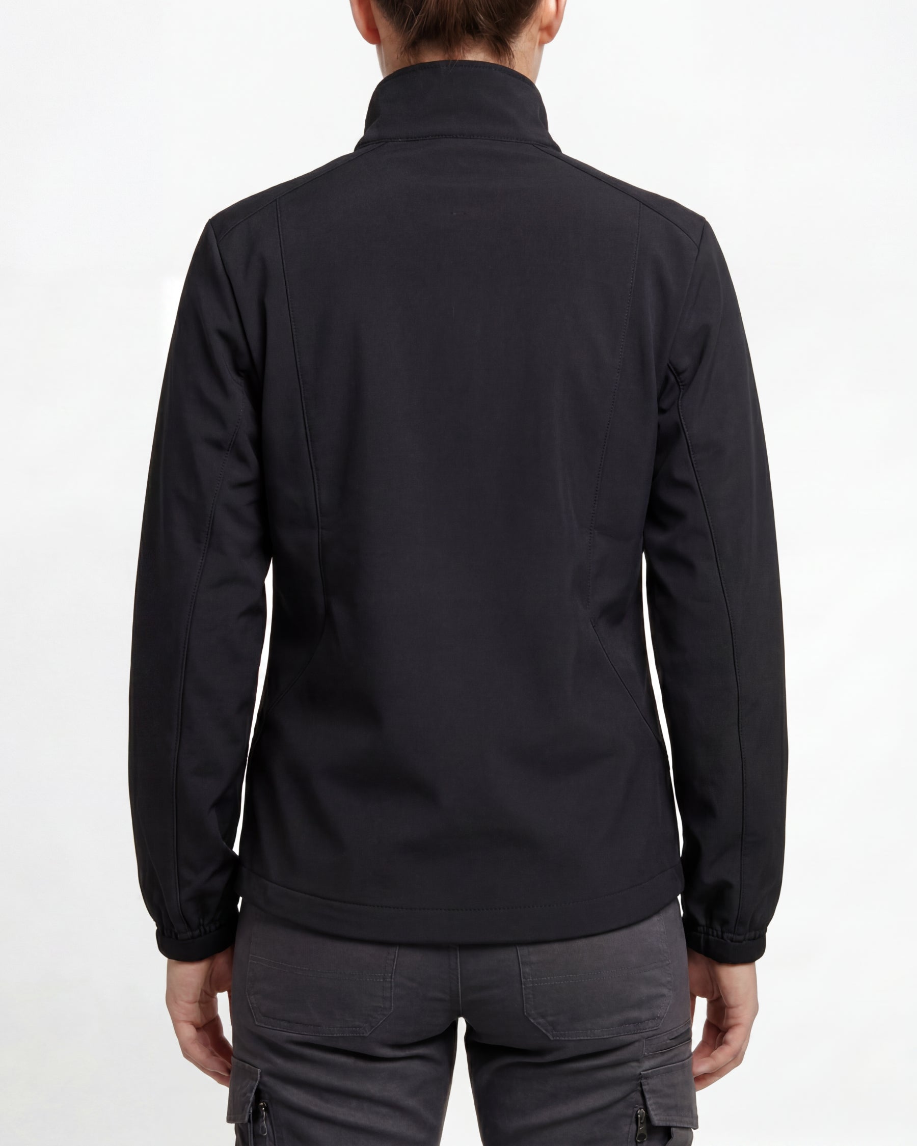 STRAUSS women's e.s.trail pure softshell jacket in black worn, back view
