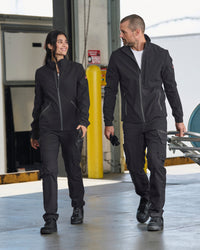 STRAUSS women's e.s.trail pure softshell jacket in black paired with workwear