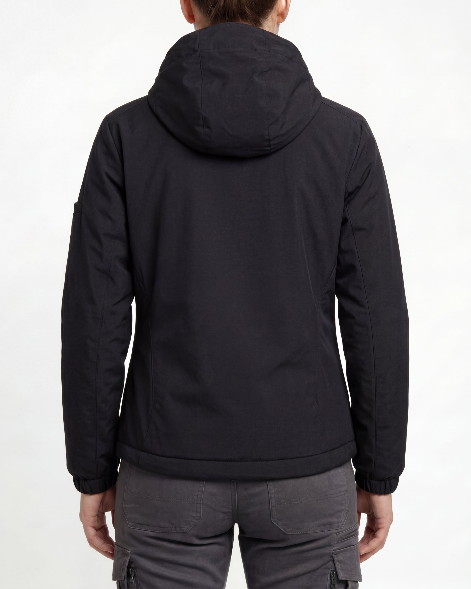 STRAUSS women's e.s.trail winter jacket in black worn, back view