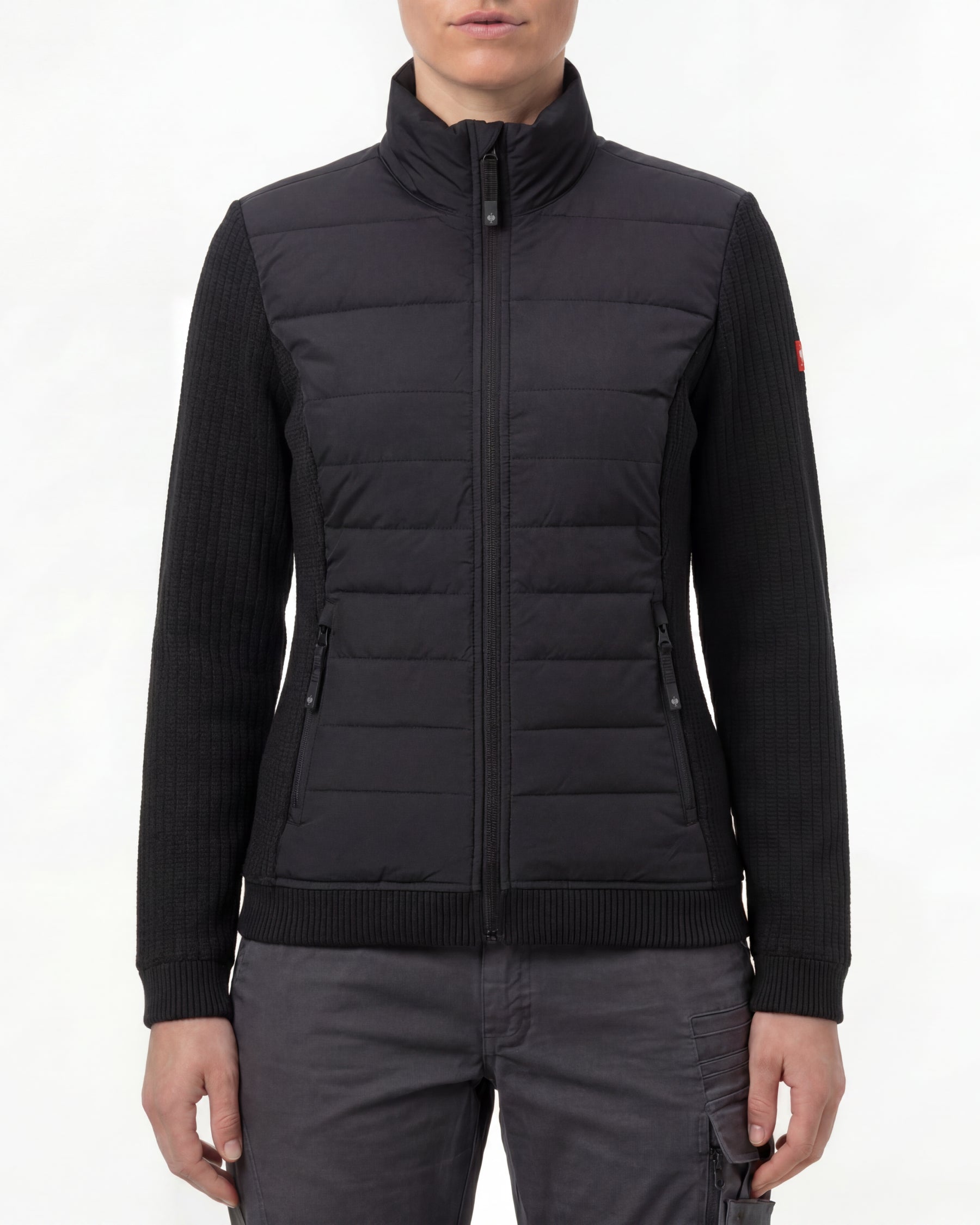 STRAUSS women's e.s.trail pure hybrid jacket in black worn, front view