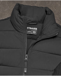 Close-up of quilted and stretch panel details on STRAUSS women's e.s.trail pure hybrid jacket in black