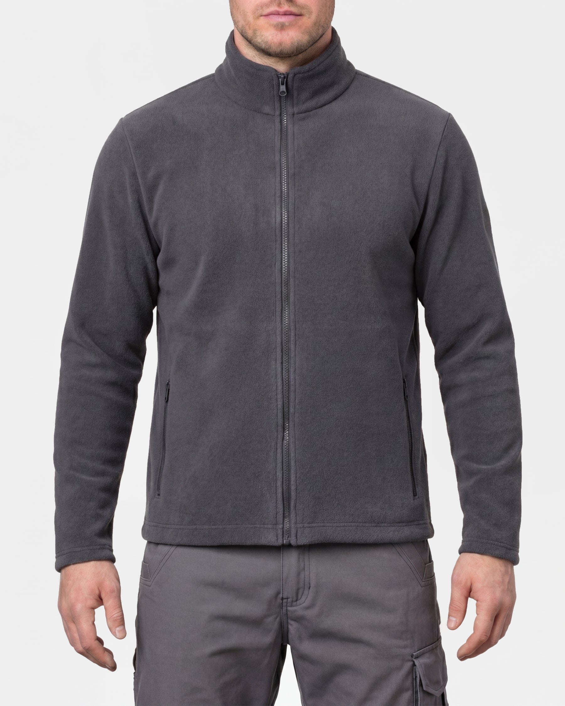 STRAUSS full-zip fleece jacket in carbon gray worn, front view
