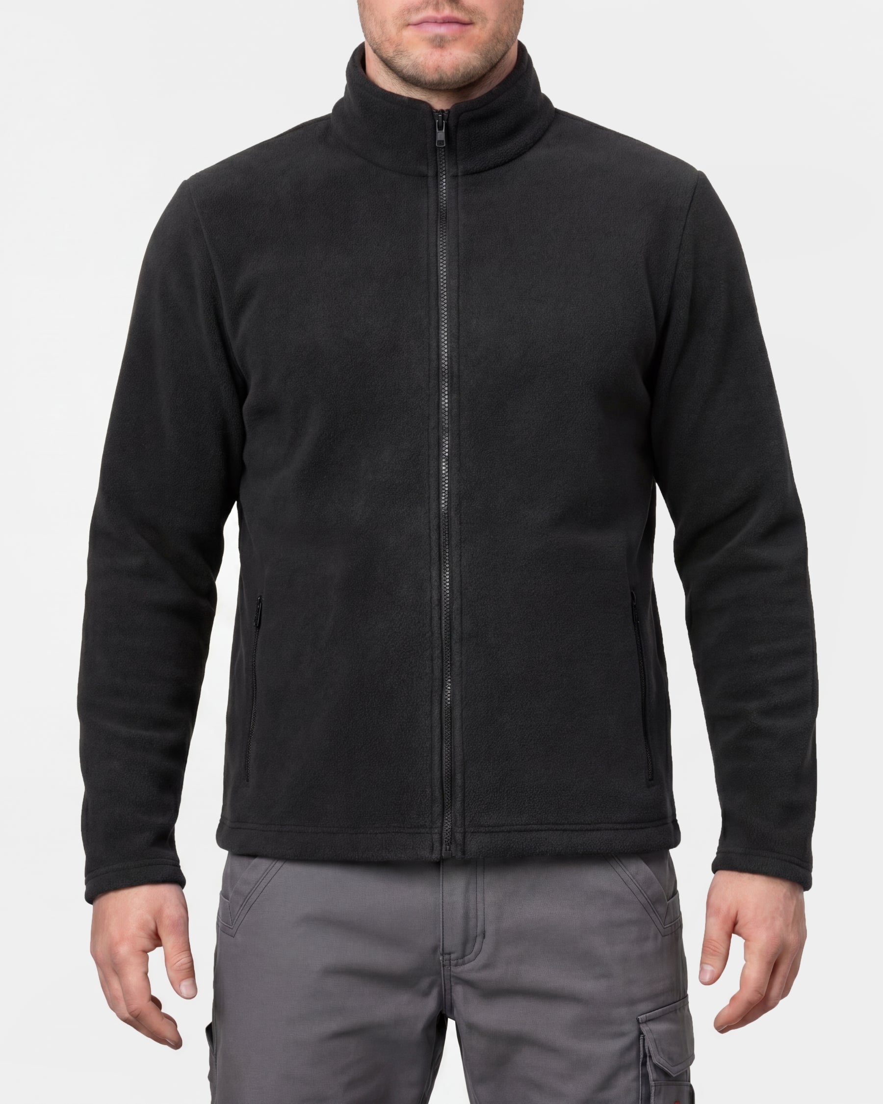 STRAUSS full-zip fleece jacket in black worn, front view