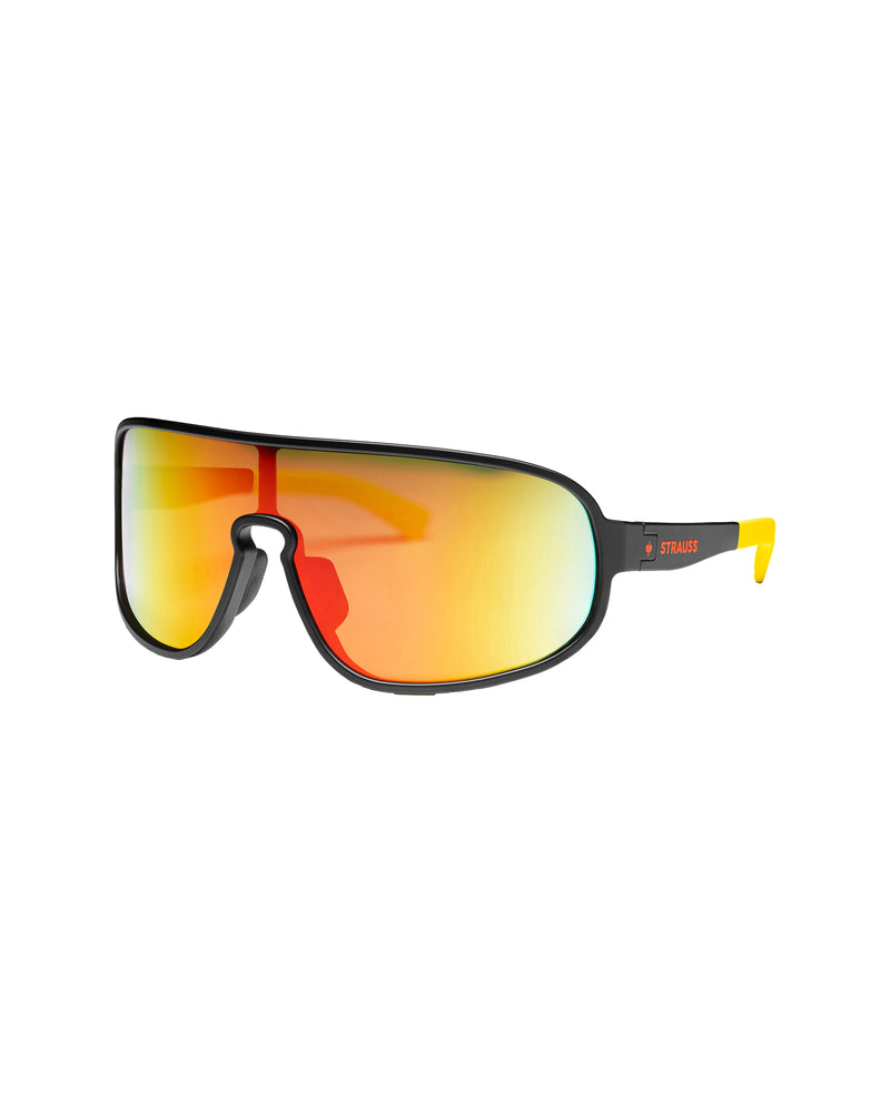 Black and high-vis yellow STRAUSS e.s.ambition race sunglasses with wraparound lenses and sport-style frame.
