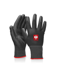 Black STRAUSS PU micro gloves with textured palms, fitted cuffs, and reinforced work grip.