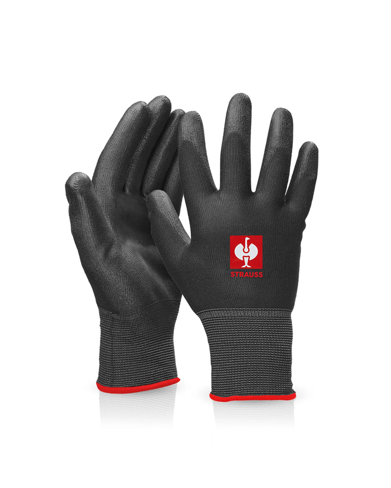Black STRAUSS PU micro gloves with textured palms, fitted cuffs, and reinforced work grip.