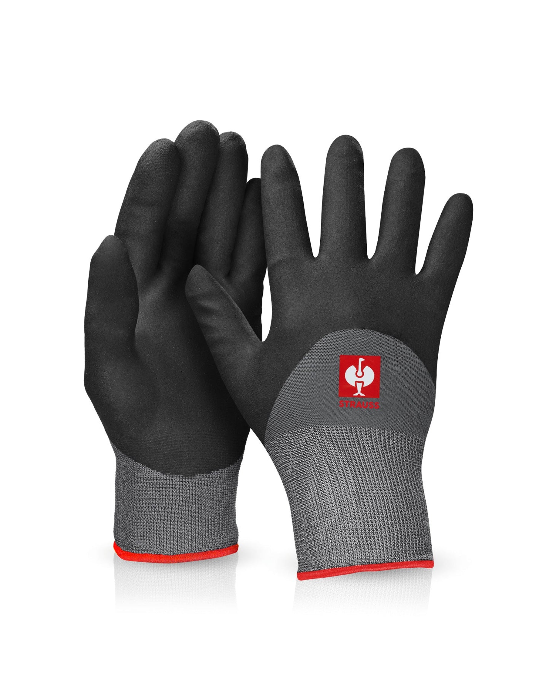 Black and gray STRAUSS evertouch winter nitrile foam gloves with textured palms, fitted cuffs, and reinforced work grip.