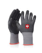Black and gray STRAUSS evertouch micro nitrile foam gloves with textured palms, fitted cuffs, and reinforced work grip.
