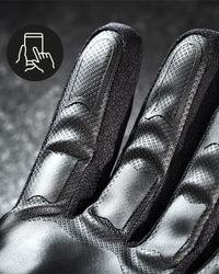 Close-up of the palm grip, fingers, and cuff on the black STRAUSS e.s.trail all-season gloves.