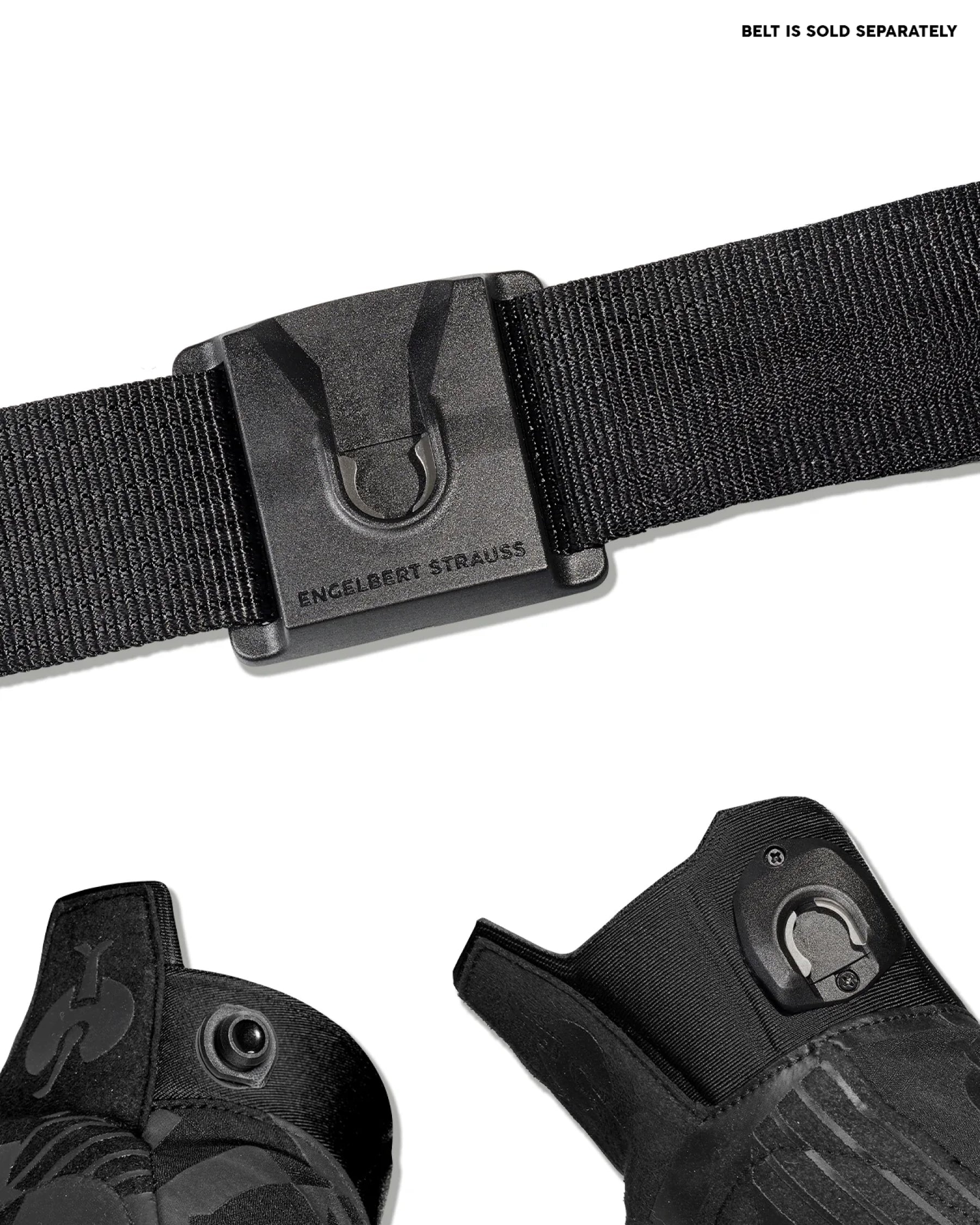 Close-up of the palm grip, fingers, and cuff on the black STRAUSS e.s.trail light graphic mechanic gloves.